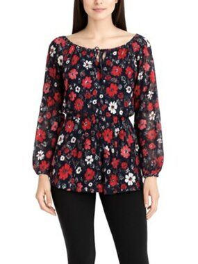 Jones New York Women's Blouse Size Small Sheer Blue Floral Peasant Bohemian